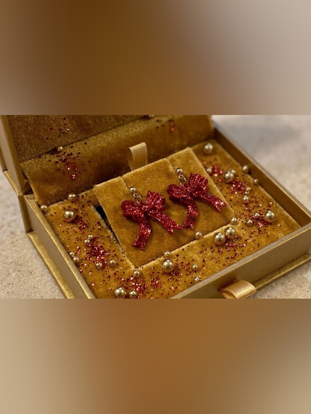 Red Glitter Bow Dangle Earrings - Picture 3 of 3